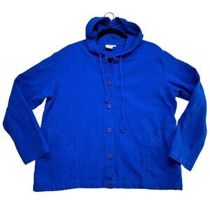Focus Womens Cotton Textured Button Up Hooded Shirt Jacket Size L Royal Blue